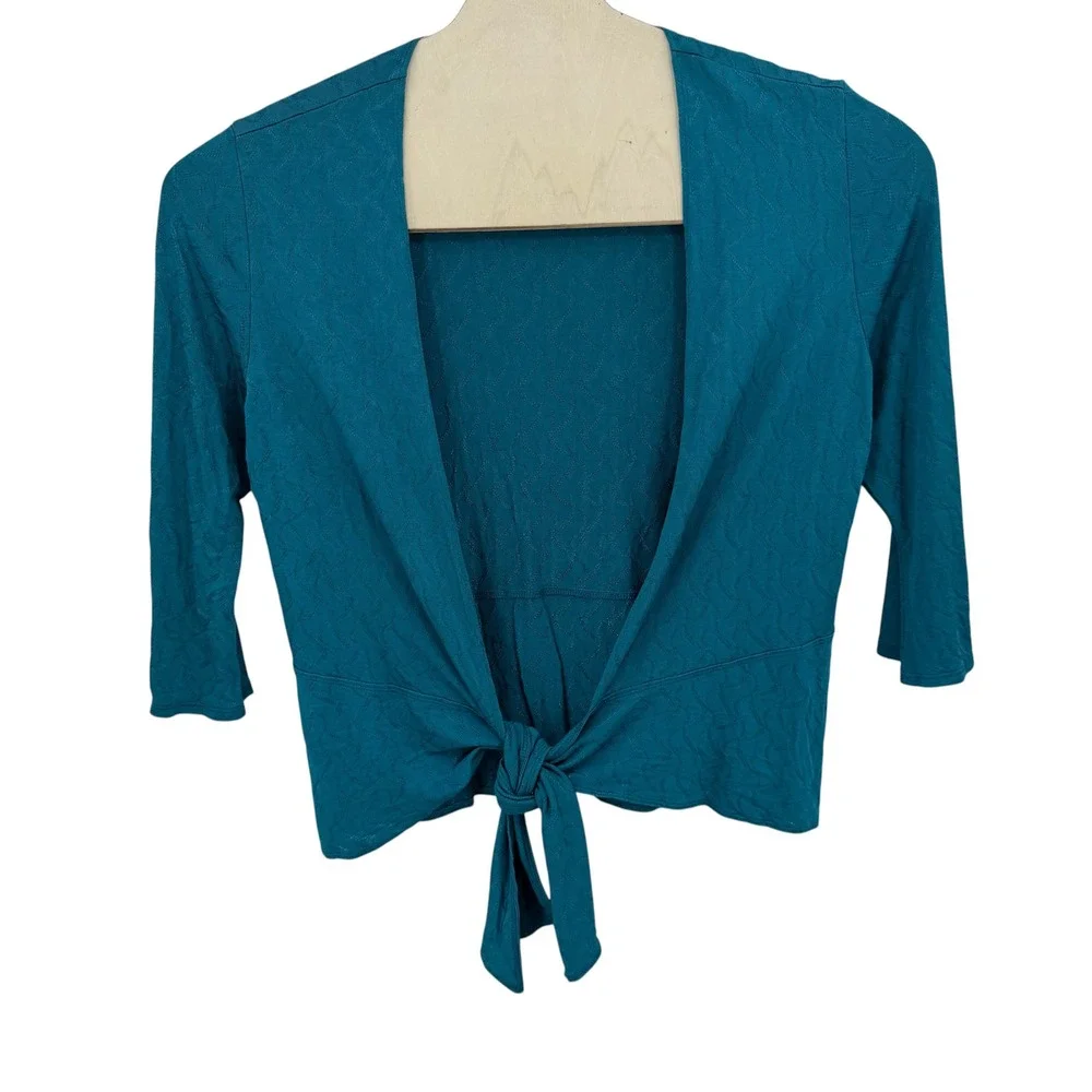 Chicos  XL Womens Cardigan Size 3 Teal Textured Tie Front 3/4 Sleeve Jewel tone